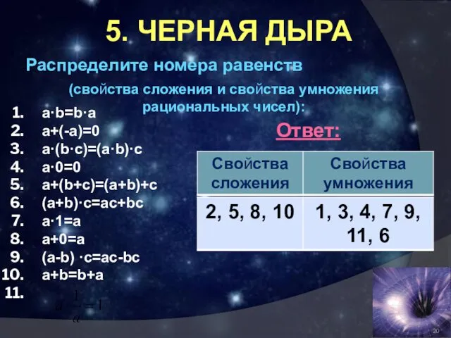 5. ЧЕРНАЯ ДЫРА Распределите номера равенств a·b=b·a a+(-a)=0 a·(b·c)=(a·b)·c a·0=0