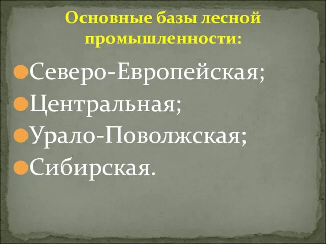 Северо-Европейская; Центральная; Урало-Поволжская; Сибирская. Основные базы лесной промышленности: