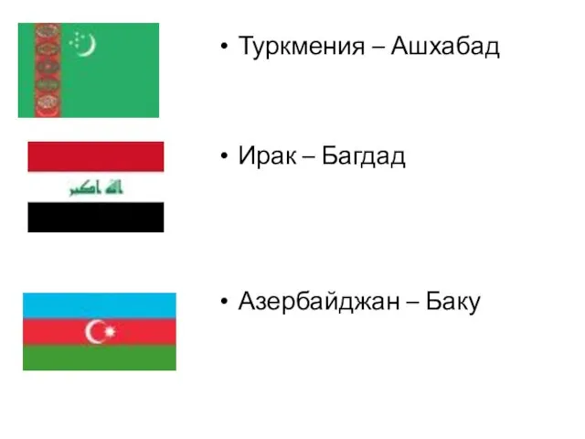 Туркмения – Ашхабад Ирак – Багдад Азербайджан – Баку