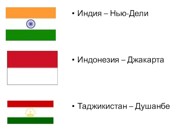 Индия – Нью-Дели Индонезия – Джакарта Таджикистан – Душанбе