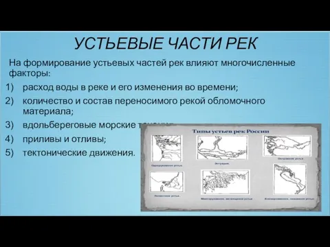 УСТЬЕВЫЕ ЧАСТИ РЕК На формирование устьевых частей рек влияют многочисленные