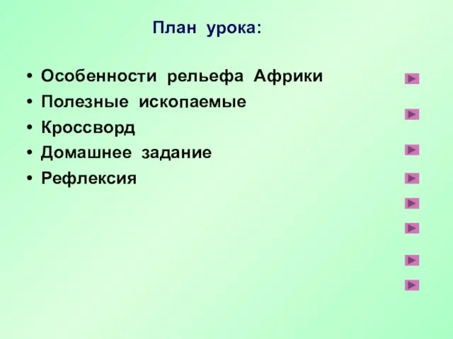 План урока: Особенности рельефа Африки Полезные ископаемые Кроссворд Домашнее задание Рефлексия