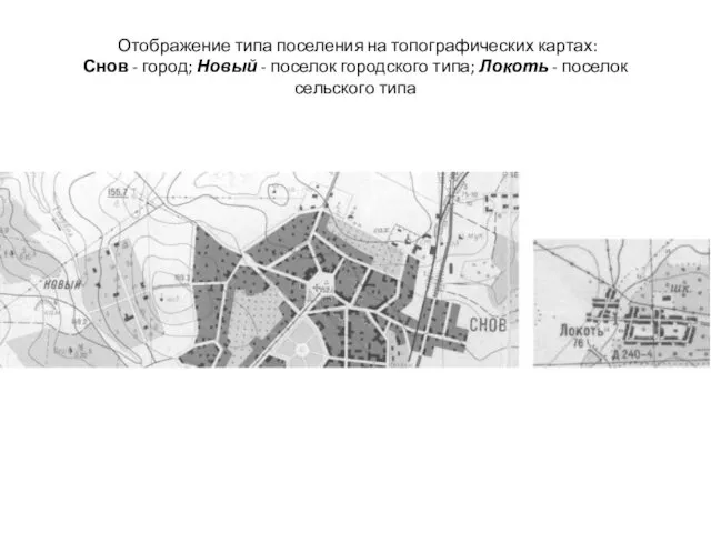 Отображение типа поселения на топографических картах: Снов - город; Новый - поселок городского