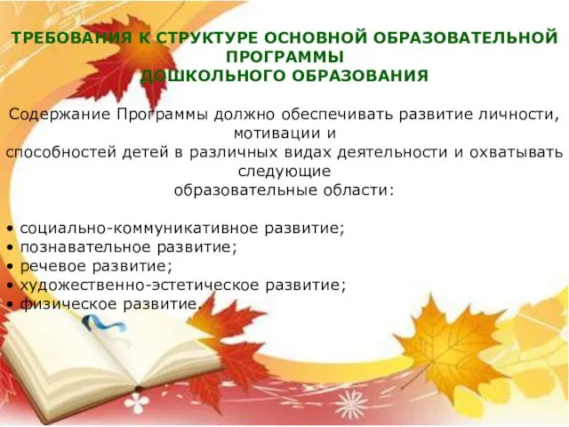 ТРЕБОВАНИЯ К СТРУКТУРЕ ОСНОВНОЙ ОБРАЗОВАТЕЛЬНОЙ ПРОГРАММЫ ДОШКОЛЬНОГО ОБРАЗОВАНИЯ Содержание Программы должно обеспечивать развитие