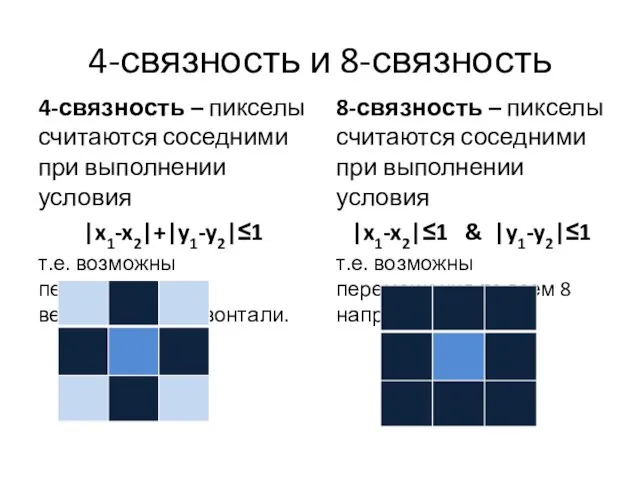 4-связность и 8-связность 4-связность – пикселы считаются соседними при выполнении