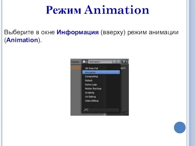 Режим Animation Выберите в окне Информация (вверху) режим анимации (Animation).