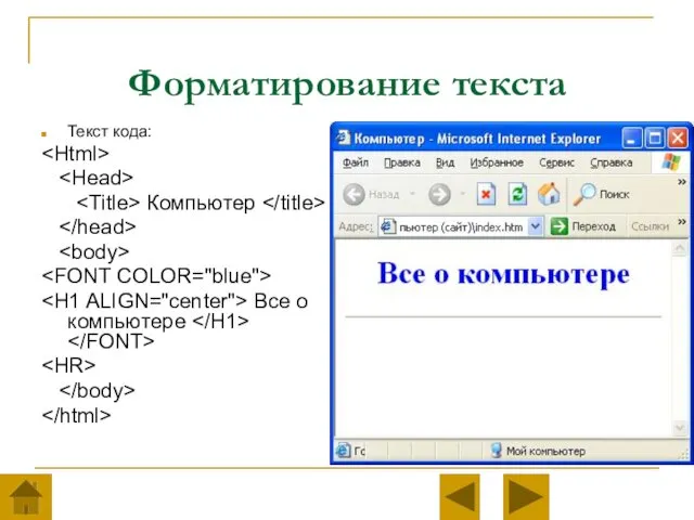 Форматирование текста Текст кода: Компьютер Все о компьютере