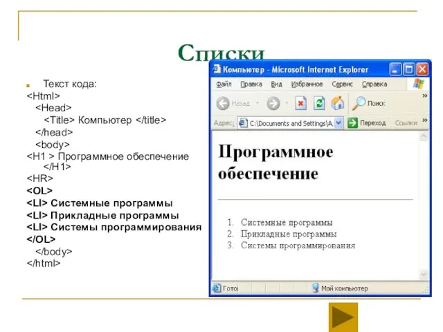 Списки Текст кода: Компьютер Программное обеспечение Системные программы Прикладные программы Системы программирования