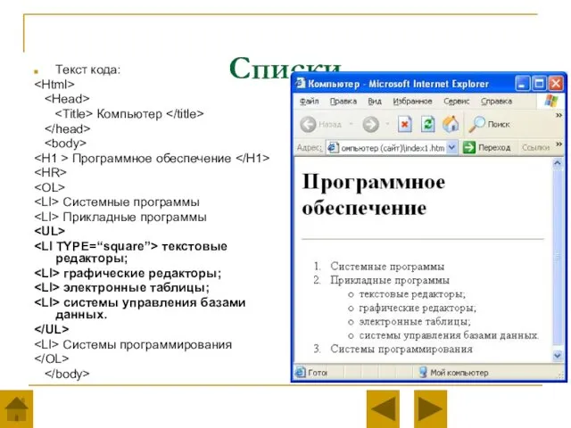 Списки Текст кода: Компьютер Программное обеспечение Системные программы Прикладные программы