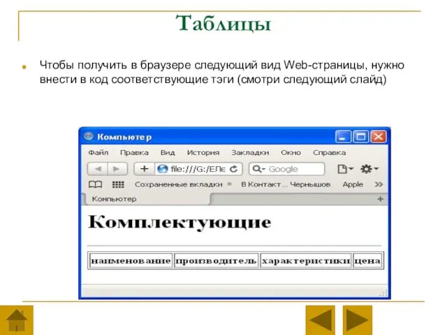 Таблицы Чтобы получить в браузере следующий вид Web-страницы, нужно внести