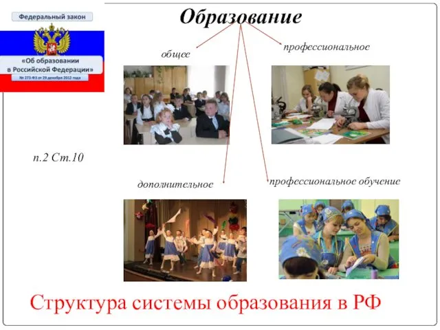профессиональное Образование п.2 Ст.10 дополнительное профессиональное обучение общее Структура системы образования в РФ