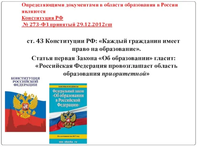 Определяющими документами в области образования в России являются Конституция РФ