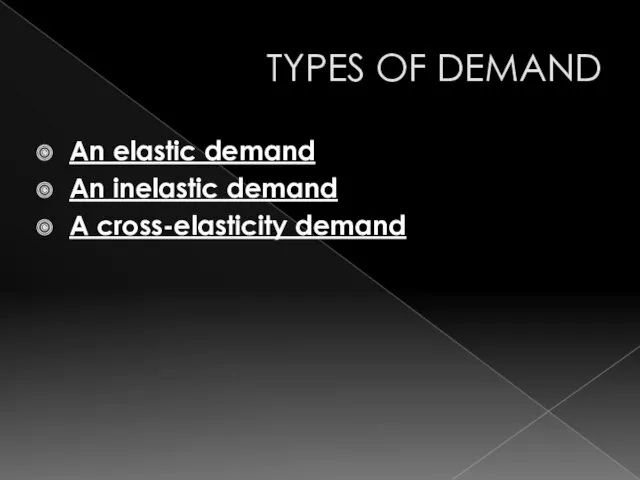 TYPES OF DEMAND An elastic demand An inelastic demand A cross-elasticity demand