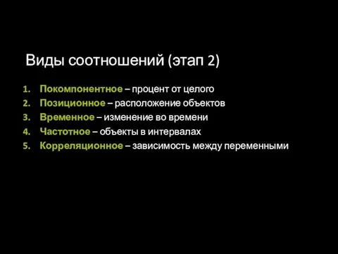 Виды соотношений (этап 2) Покомпонентное – процент от целого Позиционное