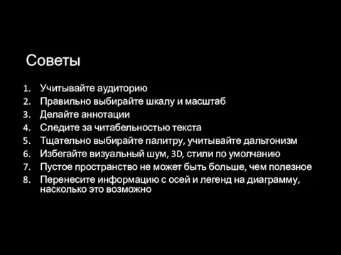 Советы Учитывайте аудиторию Правильно выбирайте шкалу и масштаб Делайте аннотации