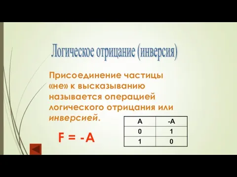 Логическое отрицание (инверсия) Присоединение частицы «не» к высказыванию называется операцией