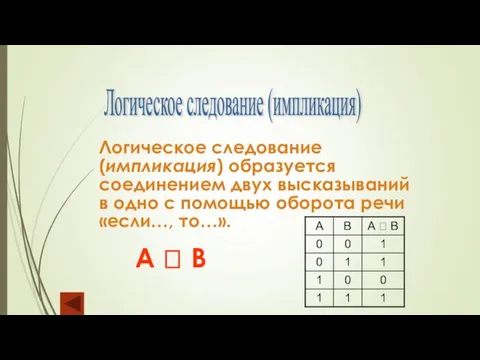 Логическое следование (импликация) Логическое следование (импликация) образуется соединением двух высказываний