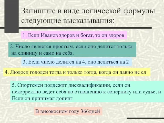 Запишите в виде логической формулы следующие высказывания: 1. Если Иванов