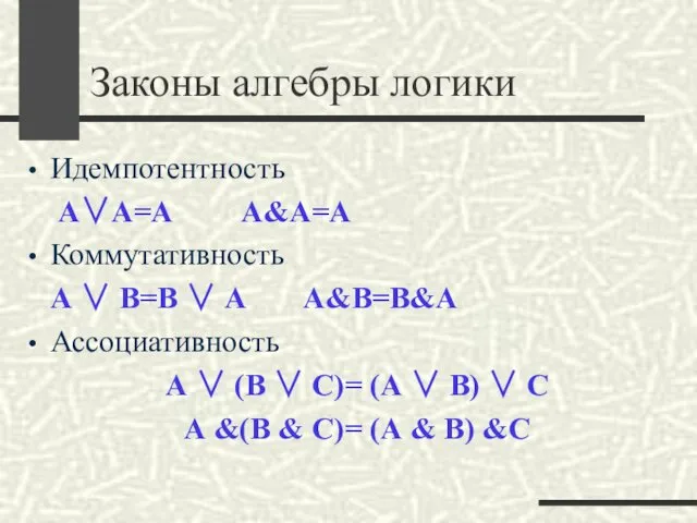 Законы алгебры логики Идемпотентность А∨А=А А&А=А Коммутативность А ∨ В=В