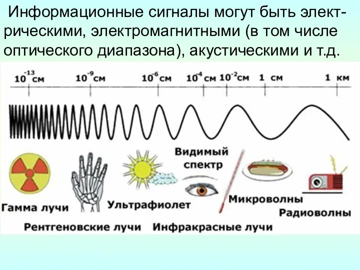 Информационные сигналы могут быть элект-рическими, электромагнитными (в том числе оптического