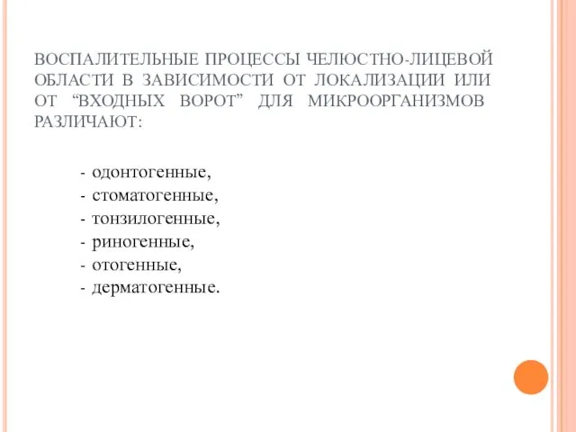 ВОСПАЛИТЕЛЬНЫЕ ПРОЦЕССЫ ЧЕЛЮСТНО-ЛИЦЕВОЙ ОБЛАСТИ В ЗАВИСИМОСТИ ОТ ЛОКАЛИЗАЦИИ ИЛИ ОТ “ВХОДНЫХ ВОРОТ” ДЛЯ