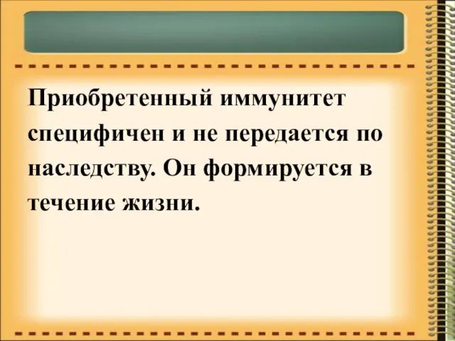 Приобретенный иммунитет специфичен и не передается по наследству. Он формируется в течение жизни.