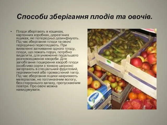 Способи зберігання плодів та овочів. Плоди зберігають в кошиках, картонних