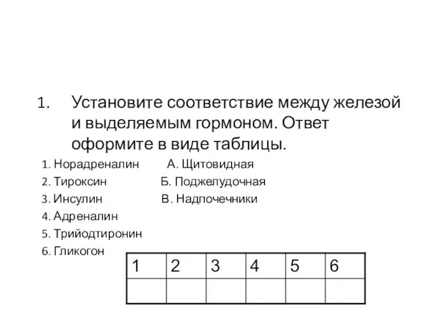 Установите соответствие между железой и выделяемым гормоном. Ответ оформите в