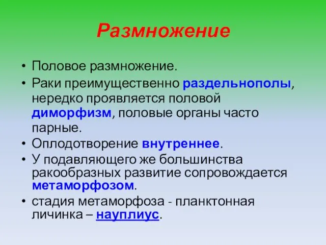 Размножение Половое размножение. Раки преимущественно раздельнополы, нередко проявляется половой диморфизм,