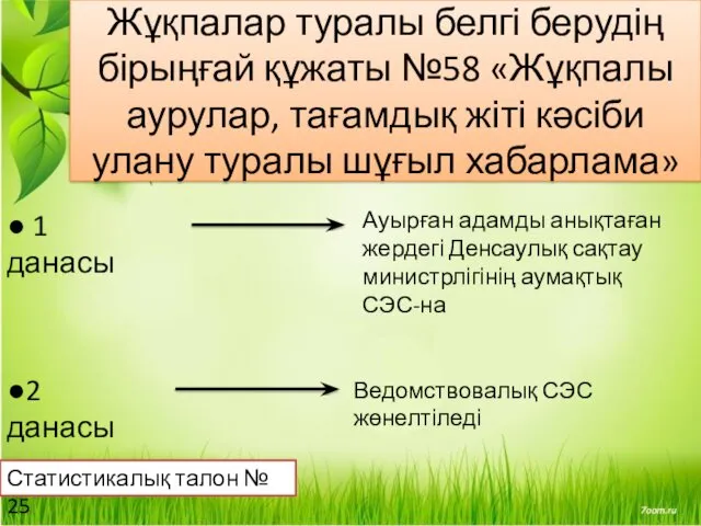 Жұқпалар туралы белгі берудің бірыңғай құжаты №58 «Жұқпалы аурулар, тағамдық