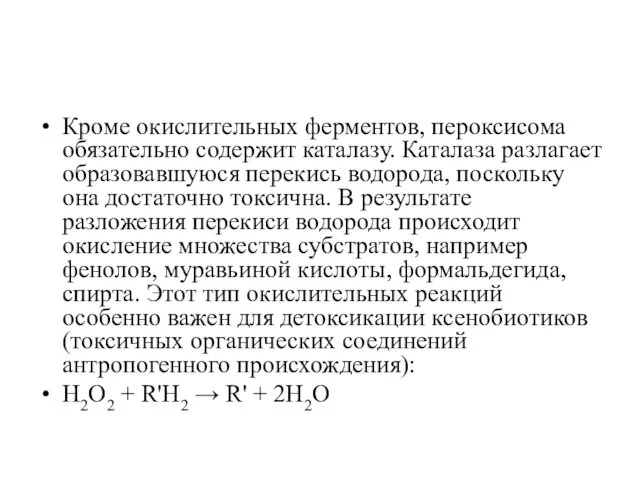 Кроме окислительных ферментов, пероксисома обязательно содержит каталазу. Каталаза разлагает образовавшуюся