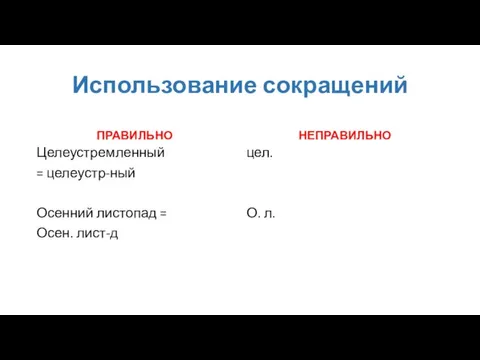 Использование сокращений ПРАВИЛЬНО Целеустремленный = целеустр-ный Осенний листопад = Осен. лист-д НЕПРАВИЛЬНО цел. О. л.