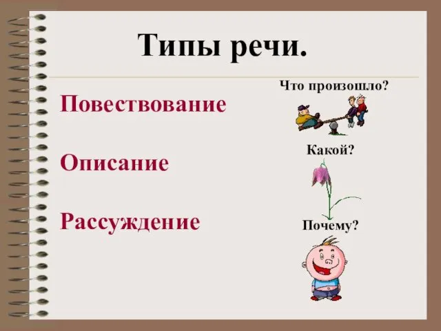 Типы речи. Повествование Описание Рассуждение Что произошло? Какой? Почему?