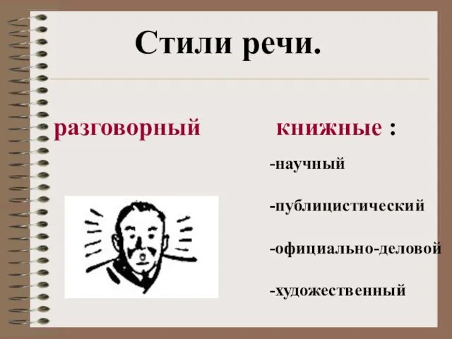 Стили речи. разговорный книжные : -научный -публицистический -официально-деловой -художественный