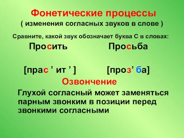 Фонетические процессы ( изменения согласных звуков в слове ) Сравните,