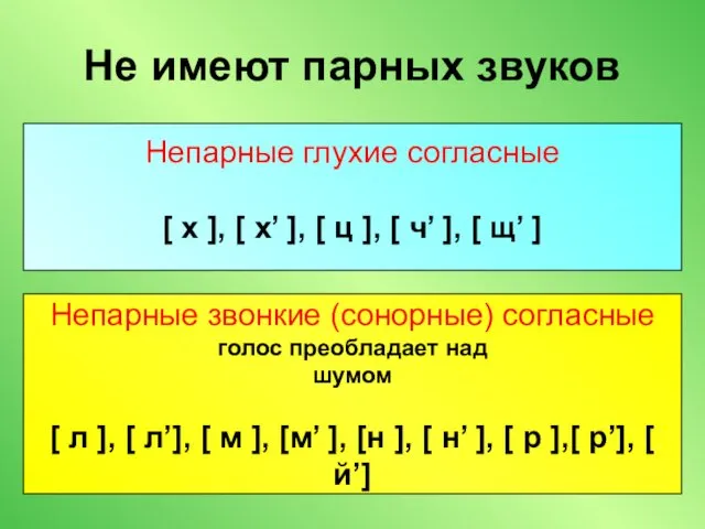 Не имеют парных звуков Непарные глухие согласные [ х ],