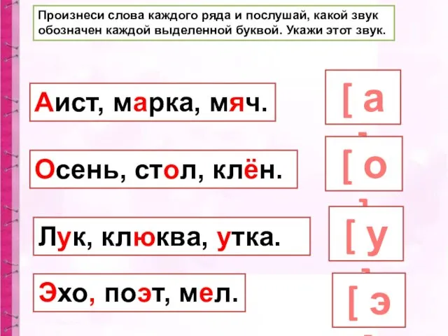 Произнеси слова каждого ряда и послушай, какой звук обозначен каждой