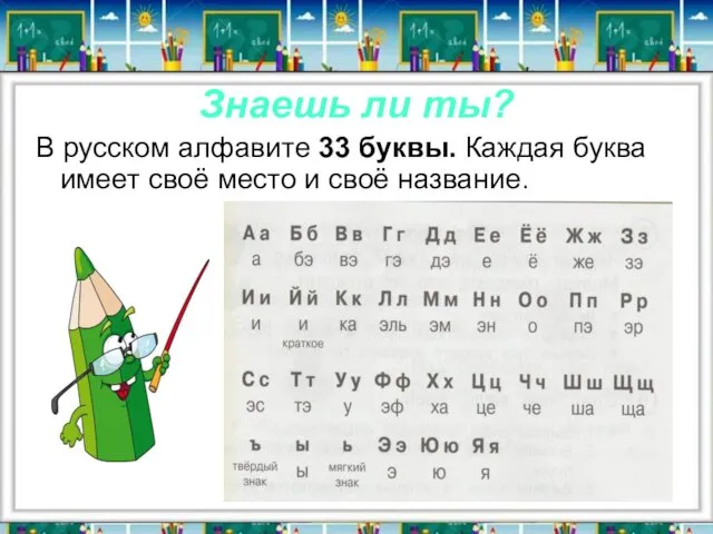 Знаешь ли ты? В русском алфавите 33 буквы. Каждая буква имеет своё место и своё название.