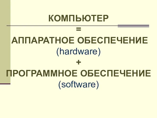 КОМПЬЮТЕР = АППАРАТНОЕ ОБЕСПЕЧЕНИЕ (hardware) + ПРОГРАММНОЕ ОБЕСПЕЧЕНИЕ (software)