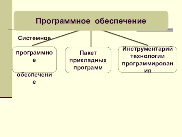 Программное обеспечение Системное программное обеспечение Пакет прикладных программ Инструментарий технологии программирования