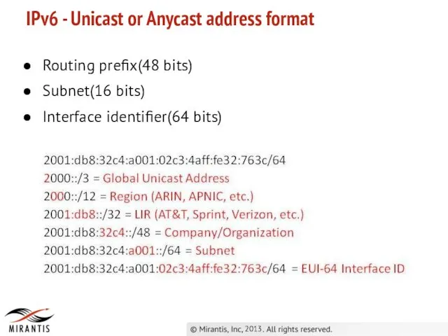 2013 IPv6 - Unicast or Anycast address format Routing prefix(48 bits) Subnet(16 bits) Interface identifier(64 bits)