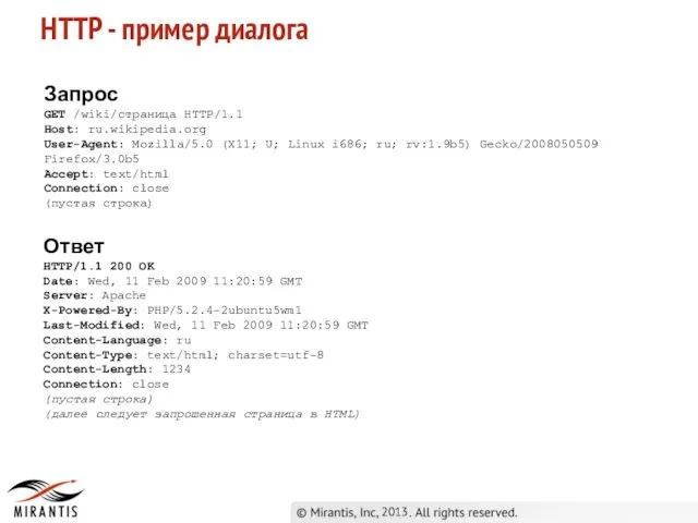 2013 HTTP - пример диалога Запрос GET /wiki/страница HTTP/1.1 Host: