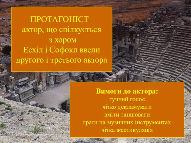 ПРОТАГОНІСТ– актор, що спілкується з хором Есхіл і Софокл ввели