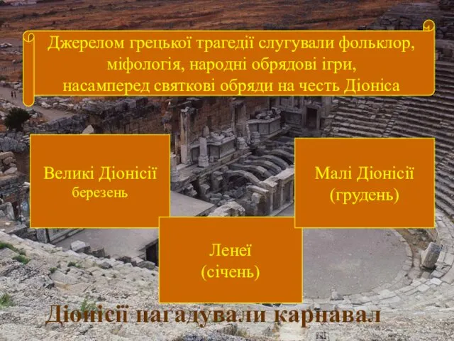 Джерелом грецької трагедії слугували фольклор, міфологія, народні обрядові ігри, насамперед