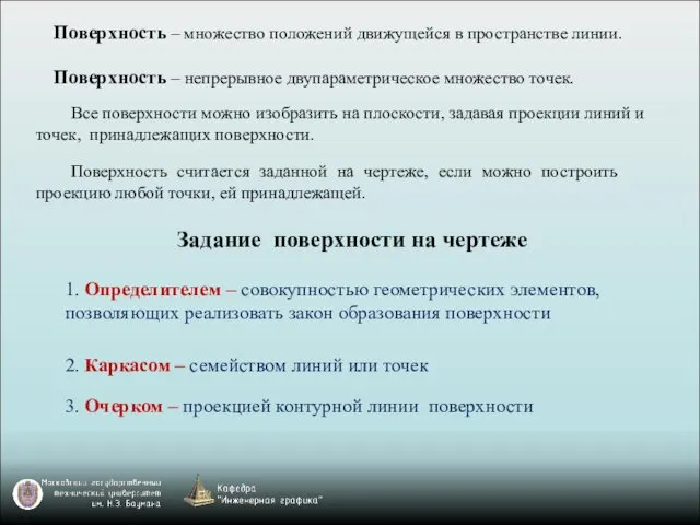 Задание поверхности на чертеже 1. Определителем – совокупностью геометрических элементов,