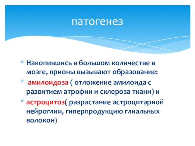 Накопившись в большом количестве в мозге, прионы вызывают образование: амилоидоза ( отложение амилоида