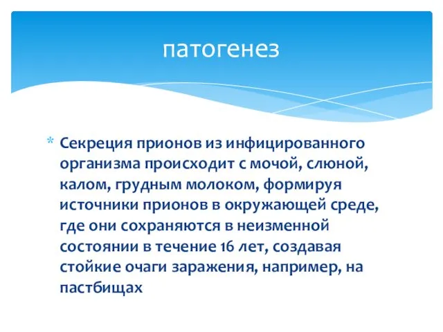 Секреция прионов из инфицированного организма происходит с мочой, слюной, калом, грудным молоком, формируя