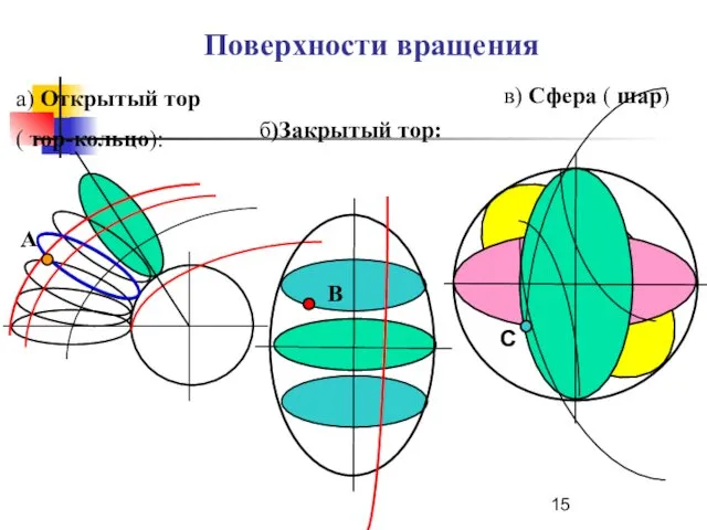 Поверхности вращения а) Открытый тор ( тор-кольцо): б)Закрытый тор: А В в) Сфера ( шар) С