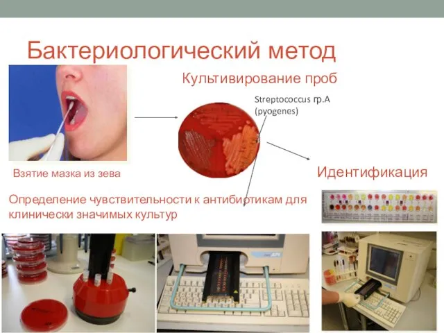 Бактериологический метод Взятие мазка из зева Streptococcus гр.A (pyogenes) Культивирование