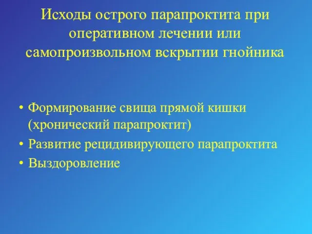 Исходы острого парапроктита при оперативном лечении или самопроизвольном вскрытии гнойника